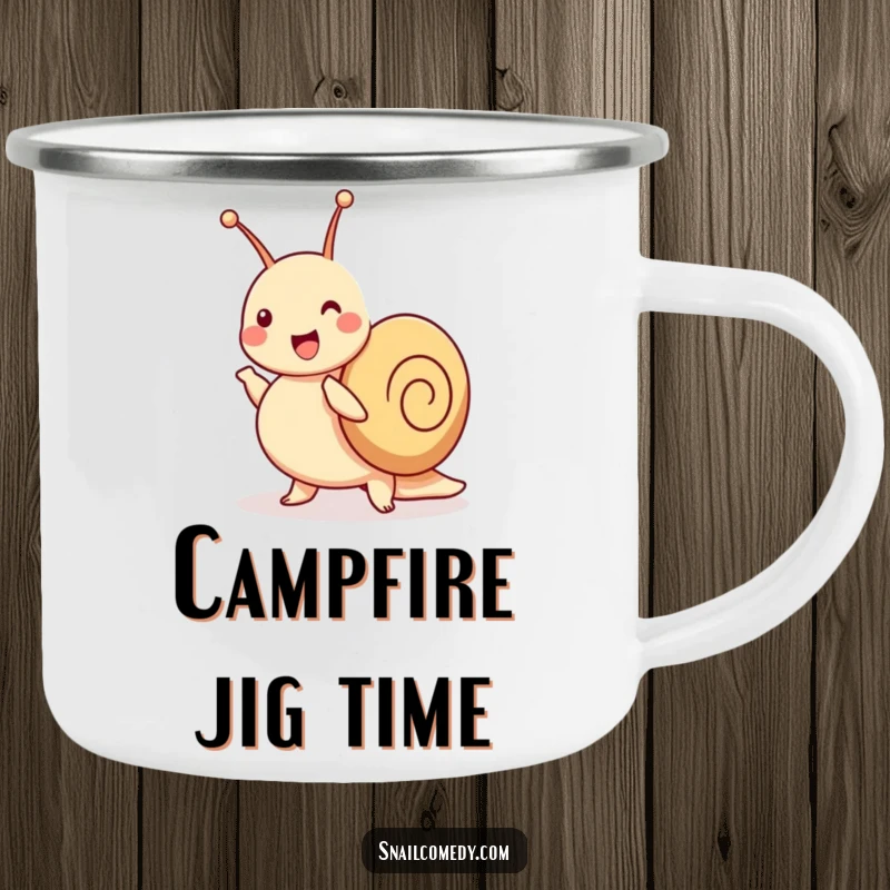 Funny snail camping mug featuring a joyful snail dancing a jig with wiggling antennae, perfect for outdoor fun.