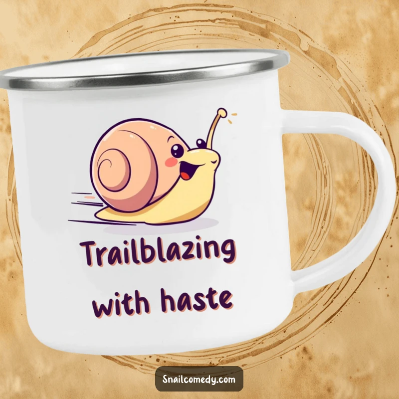 Excited kawaii snail zooming forward with surprising speed on a durable camping mug for outdoor speed.