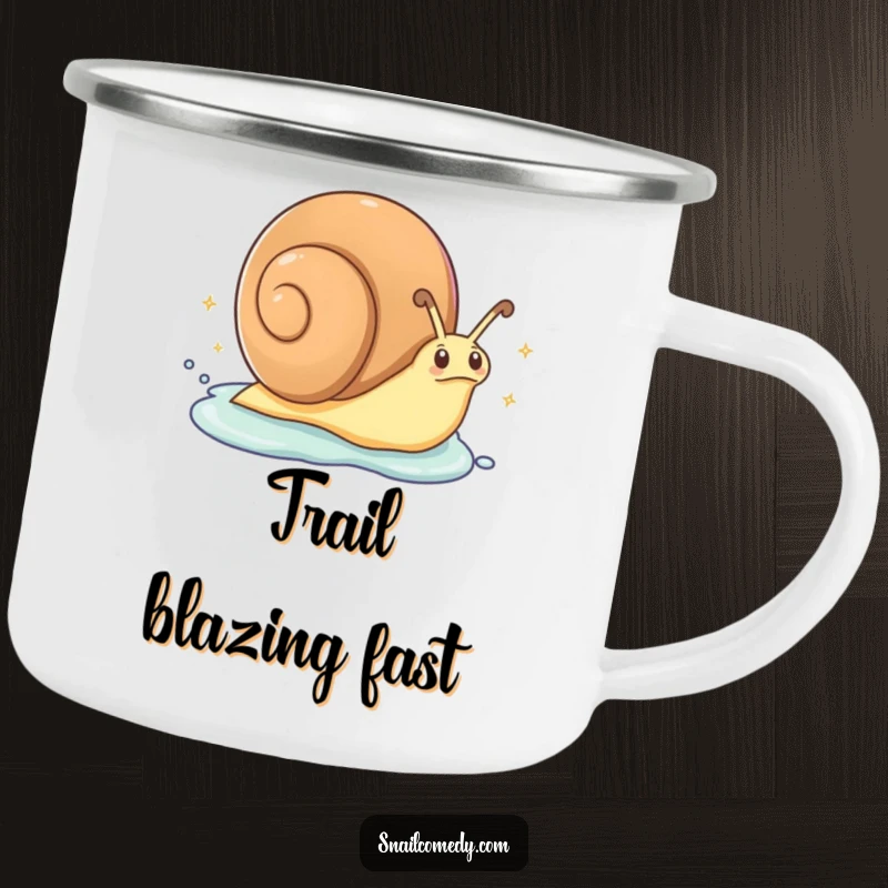 Funny Camping Mug: An excited snail zips along, leaving a trail of sparkling slime, perfect for sipping beverages during outdoor trips.