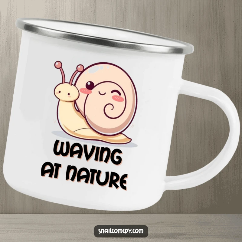Funny kawaii snail camping mug with a playful snail waving its antennae, perfect for outdoor enthusiasts who love fun.