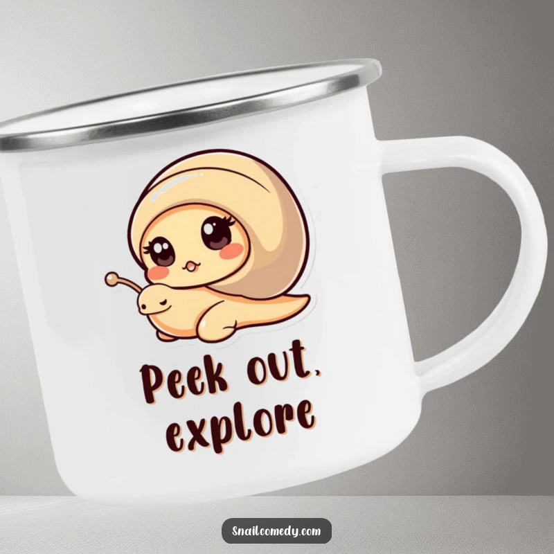 Funny Kawaii Snail Camping Mug: Cute snail peeking from shell for outdoor fun, a great funny gift.