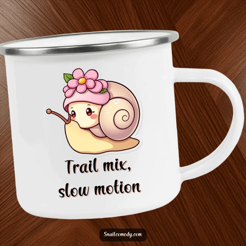 Funny kawaii snail wearing a flower hat, peeking curiously from its shell, durable and humorous camping mug.
