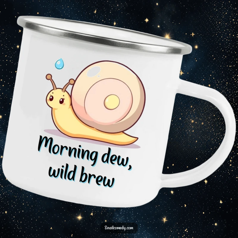 Funny kawaii snail with a shy smile, offering a glistening dewdrop, durable and humorous camping mug.