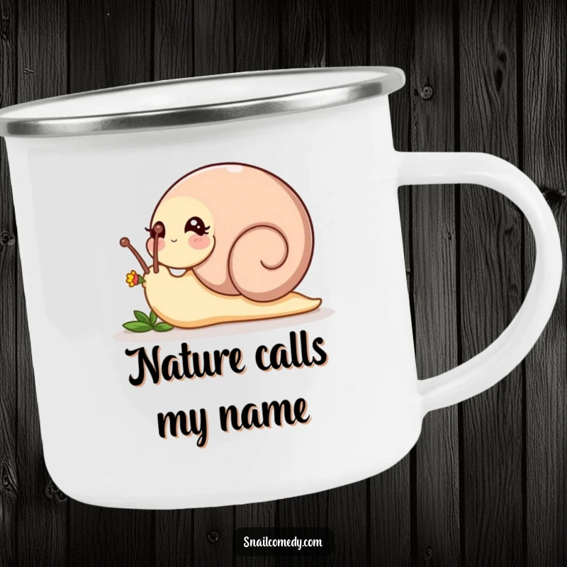 Funny playful snail nudging a tiny flower bud with its head on a rugged camping mug, a charming funny gift.