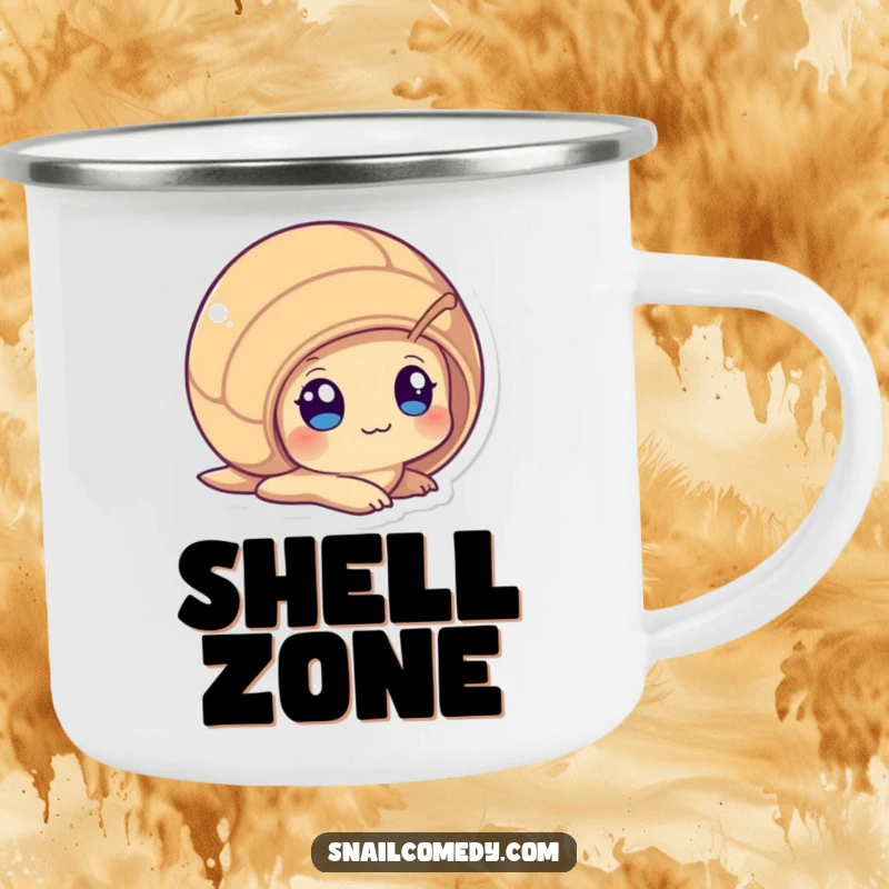 Funny Peeking Kawaii Snail Camping Mug, playfully peeking from its shell with wide, curious eyes, durable for outdoor fun and humorous enjoyment.