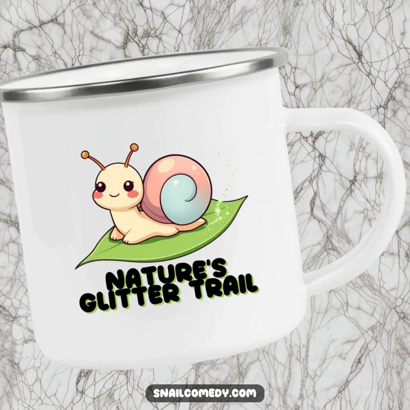 Funny Camping Mug: Smiling snail leaving a sparkly trail on a leaf, ideal for outdoor use and spreading snail magic.