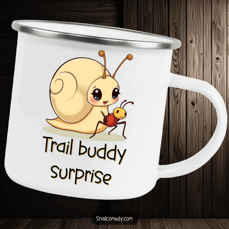 Funny camping mug with a surprised snail character meeting a friendly ant, designed for outdoor enthusiasts enjoying unexpected moments.
