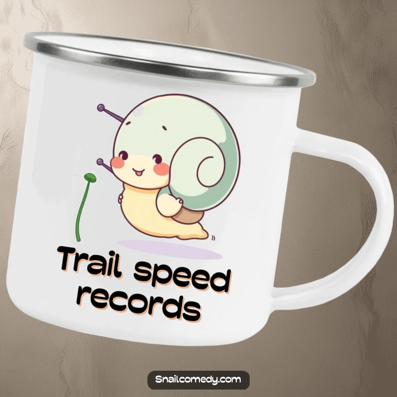 Funny snail camping mug, a snail character happily races a dandelion seed, perfect for outdoor enthusiasts.