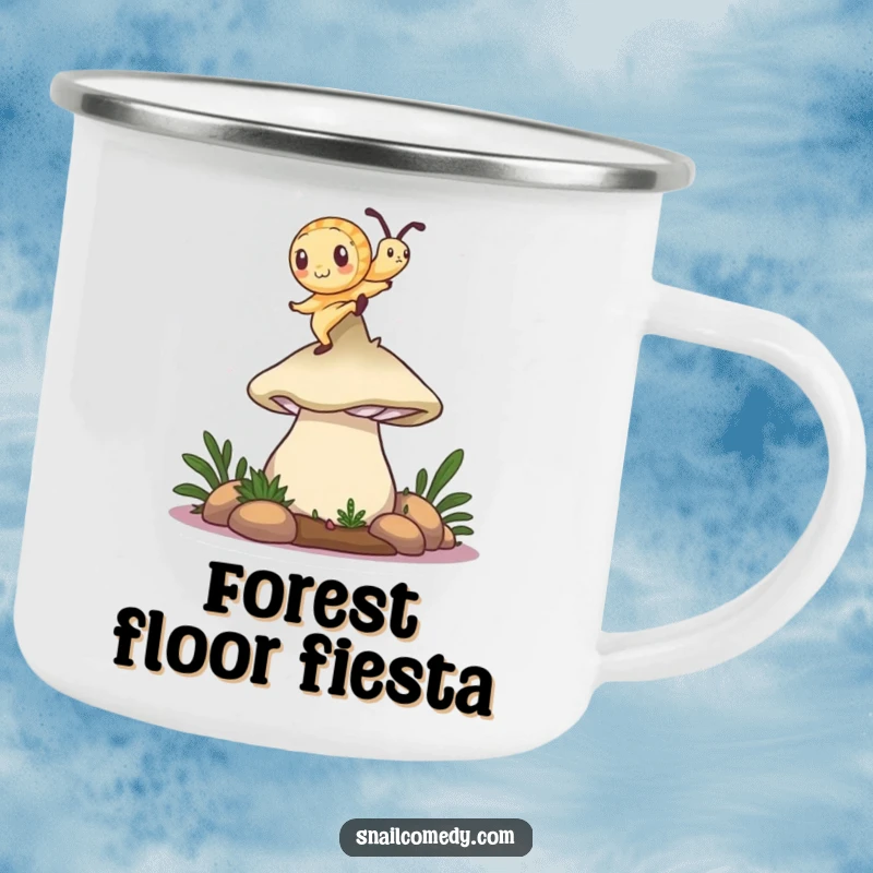 Funny snail camping mug showing a snail dancing on a mushroom cap, durable and amusing for outdoor excursions.