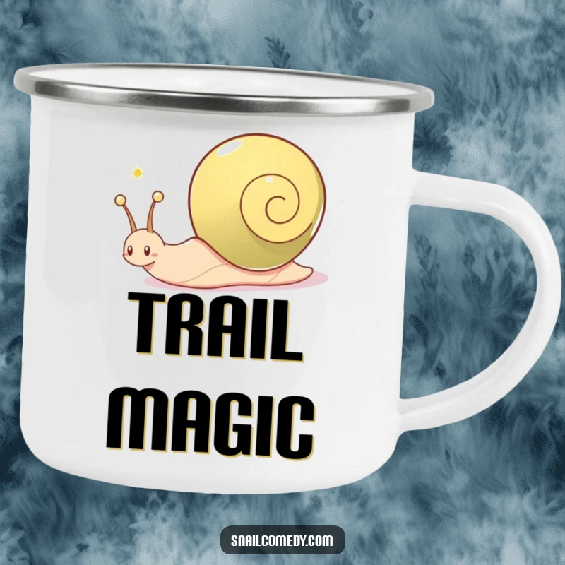 Funny snail camping mug, a snail character joyfully leaves a shimmering trail, perfect for outdoor enthusiasts.