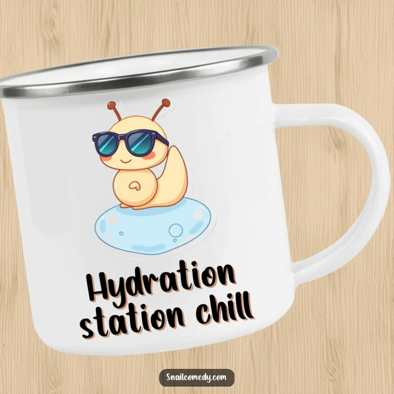 Funny camping mug of a snail character in sunglasses, happily floating on a water drop, for outdoor relaxation.