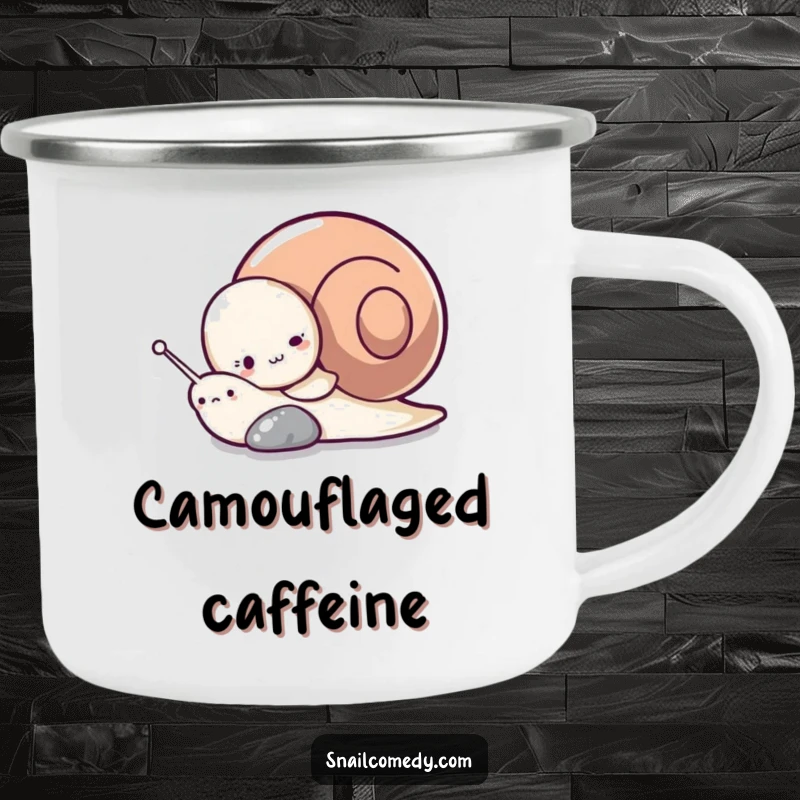 Funny camping mug with a playful snail character hiding behind a pebble, designed for outdoor enthusiasts enjoying a secret moment.