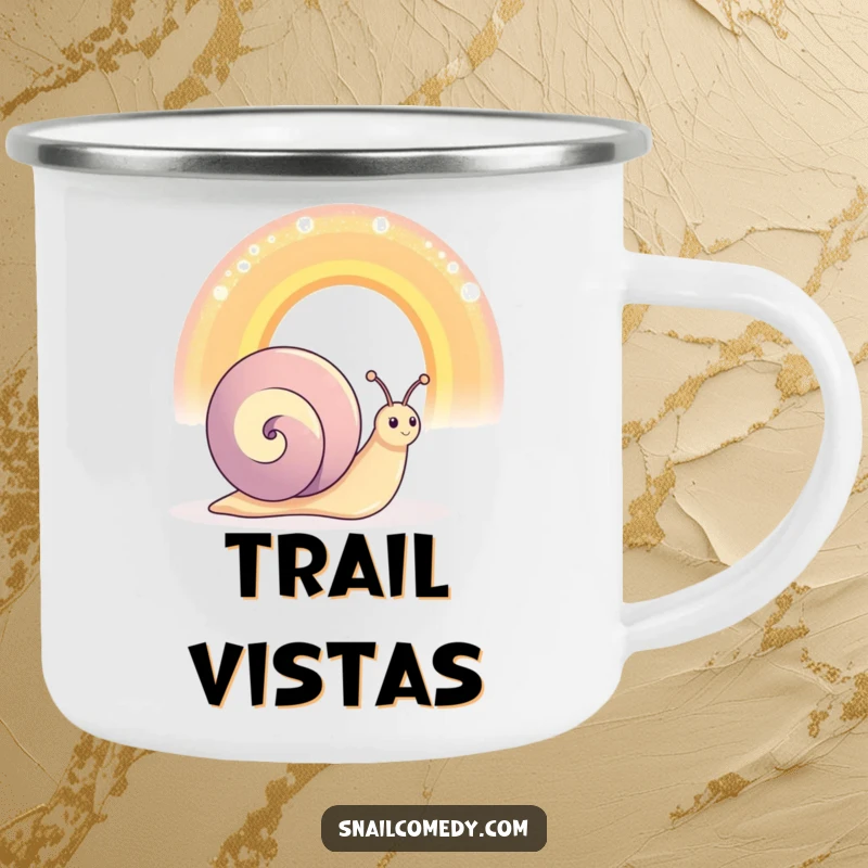 Funny happy snail character admiring an oversized, shimmering rainbow, enamel camping mug, rugged and colorful.