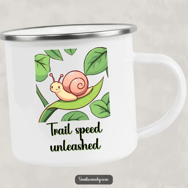 Funny, energetic snail character caught in a delightful slide down a slippery leaf on a durable camping mug, evoking humor.