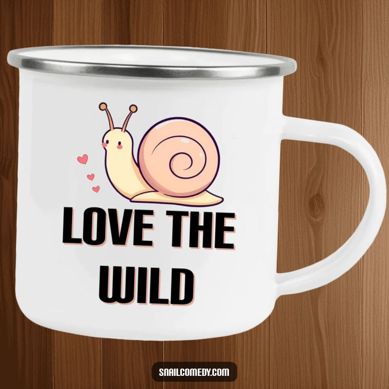 Funny Kawaii snail camping mug showing a cute snail playfully leaving a trail of little hearts as it moves, ready for outdoor fun.