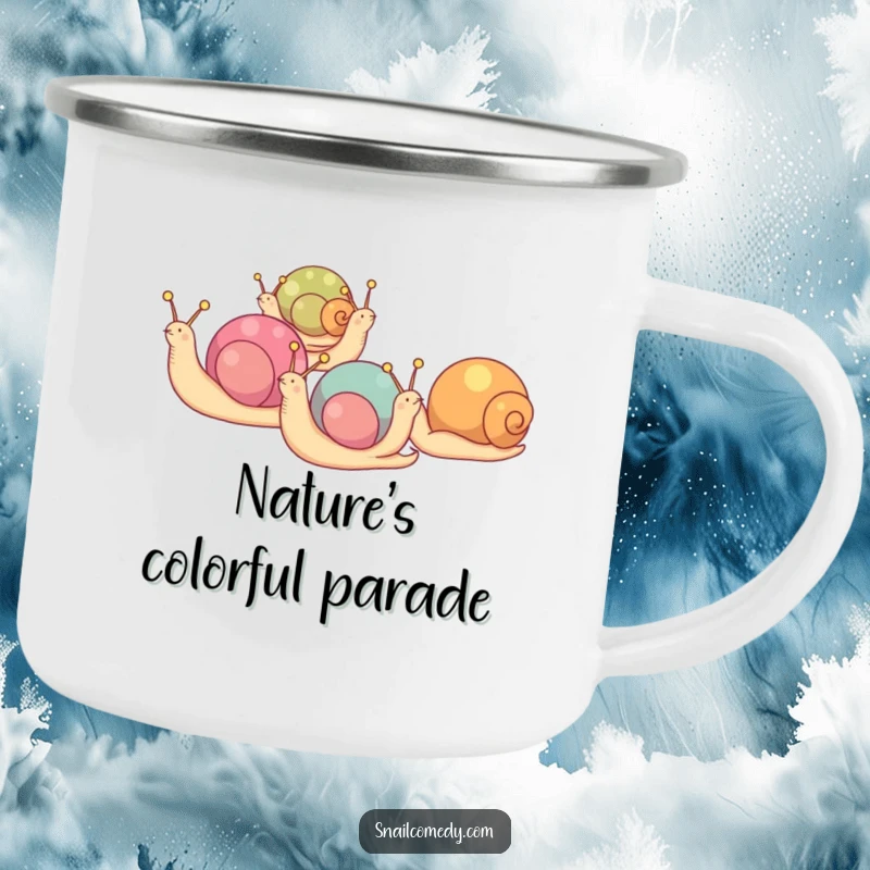 Funny camping mug of snails with colorful shells marching in a line, for outdoor enjoyment.