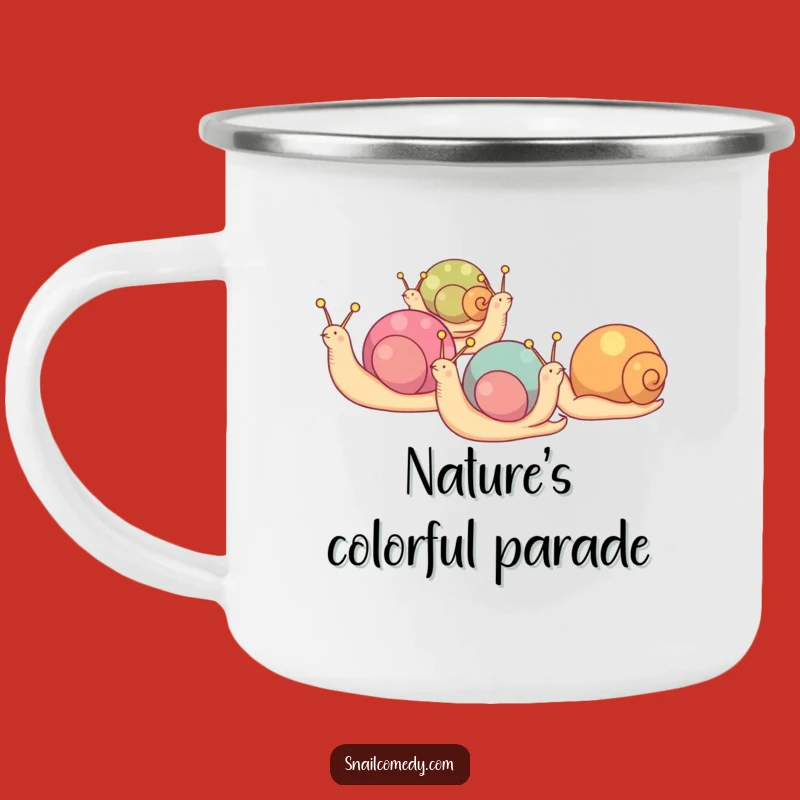 Funny Snail Parade Camping Mug: Adventure Colors