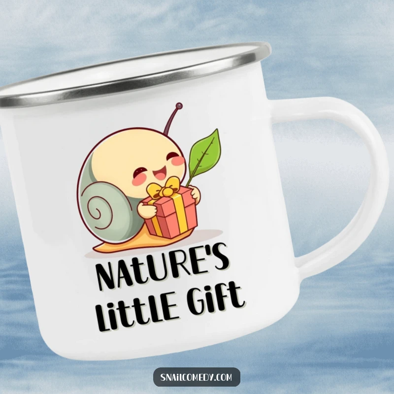 Funny snail unwrapping a leaf present on a rugged camping mug, ideal for travel and festive humor, a superb funny gift.