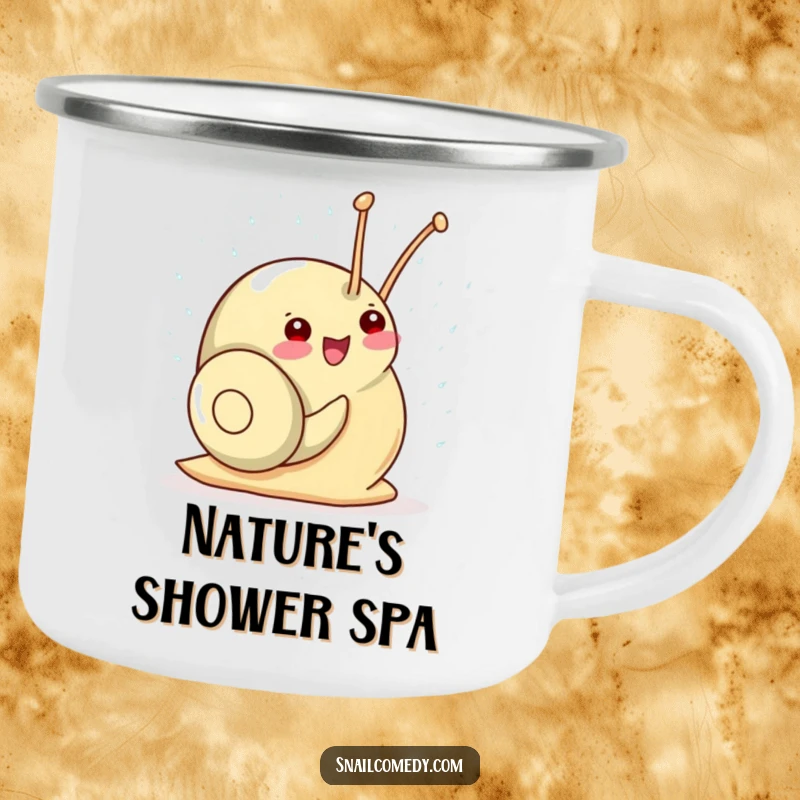 Funny Kawaii Snail Camping Mug: A delighted snail gleefully showers in sparkling raindrops, perfect for enjoying drinks outdoors with joy.