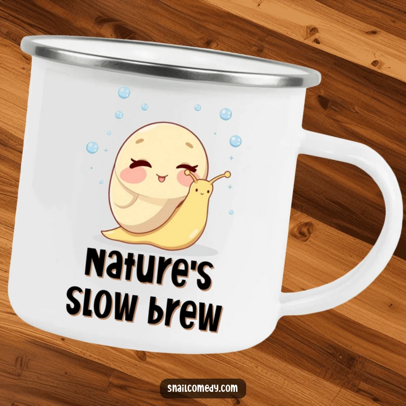 Funny camping mug showcasing a smiling snail winking while juggling tiny, sparkling dewdrops, perfect for outdoor enthusiasts.