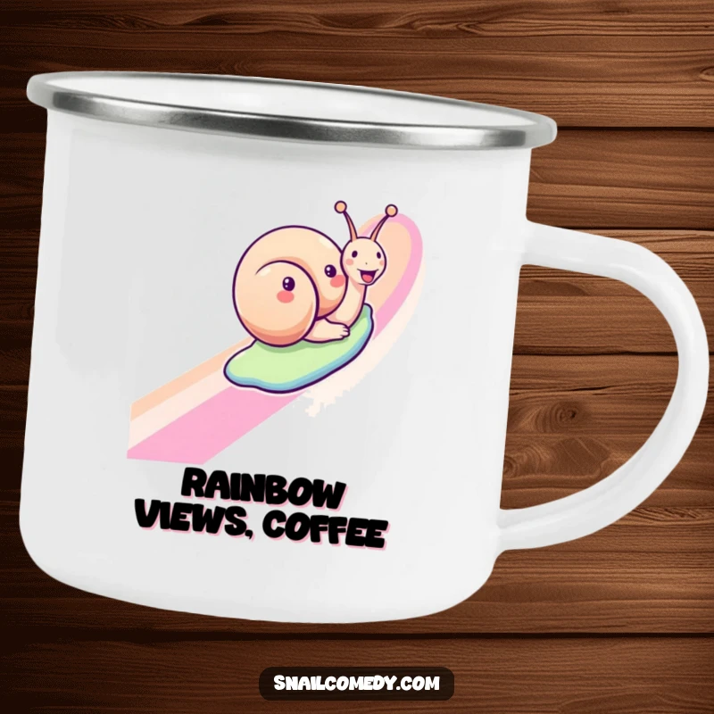 Funny snail camping mug with a joyful snail sliding down a rainbow, perfect for outdoor adventures and as a humorous gift.