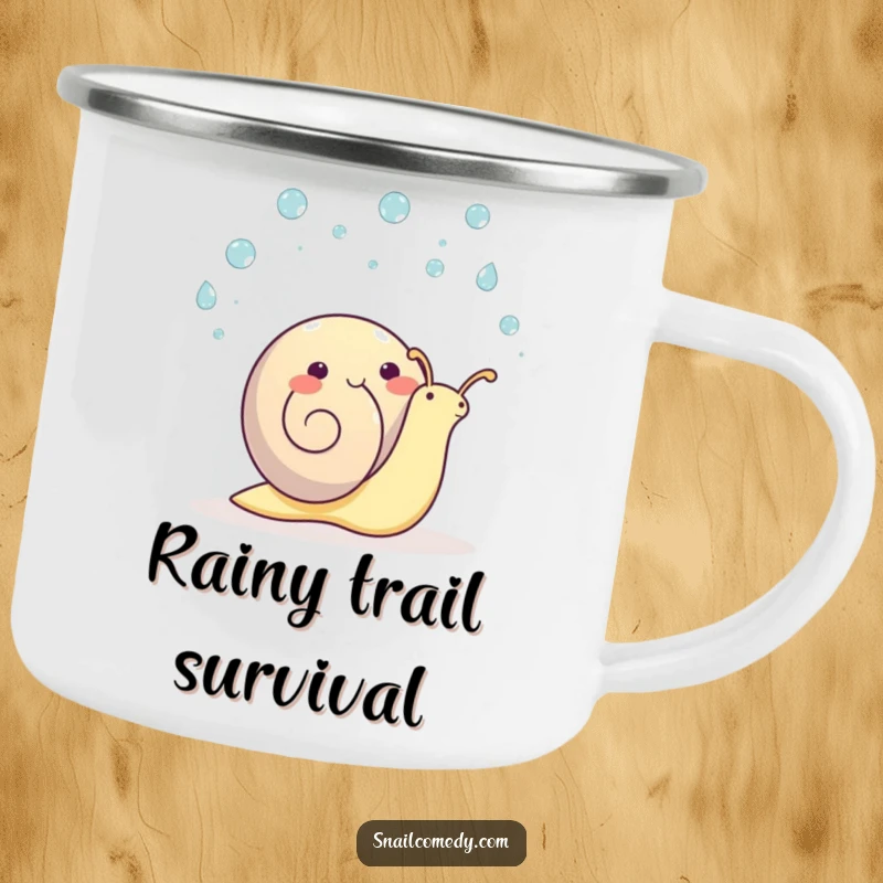 Funny kawaii snail camping mug, a happy snail juggling raindrops, perfect for outdoor cheer.