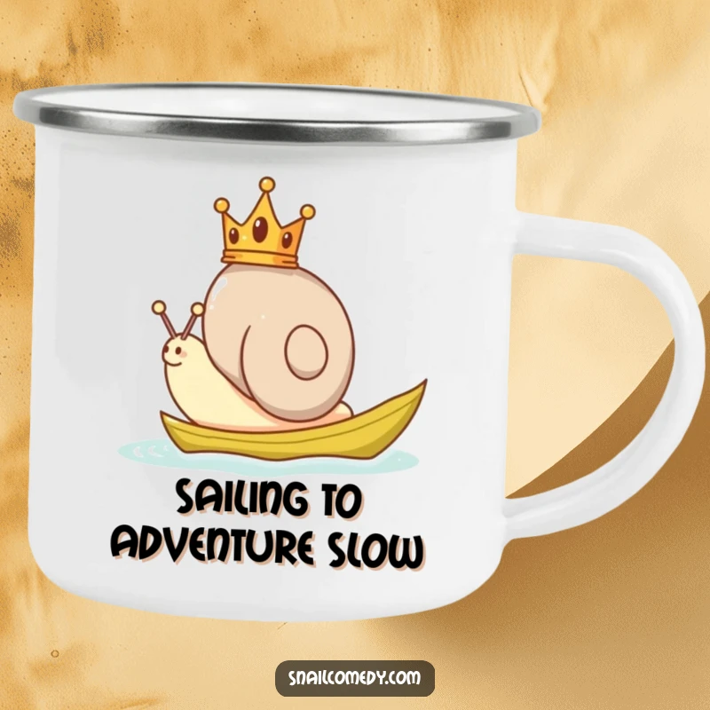 Funny Snail Camping Mug with a snail wearing a crown, sailing on a leaf, perfect for enjoying drinks outdoors.