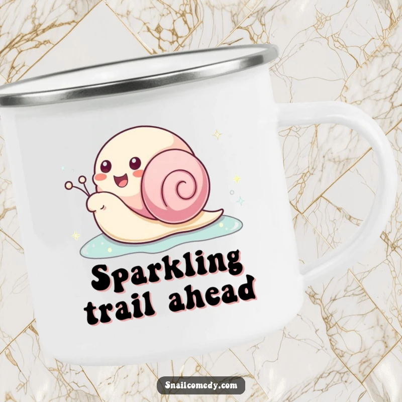 Funny kawaii snail camping mug with a happy snail leaving a sparkling slime trail, perfect for outdoor enthusiasts who love charm.