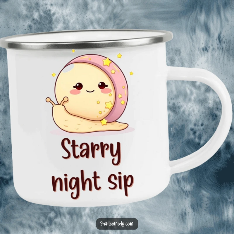 Funny snail camping mug featuring a smiling snail with its shell adorned by glowing stars, ideal for starry nights.