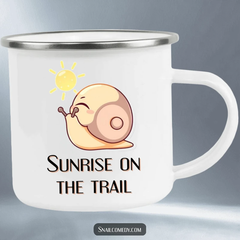 Funny camping mug with a content snail character basking in a sunbeam, eyes closed peacefully, perfect for enjoying calm drinks outdoors.