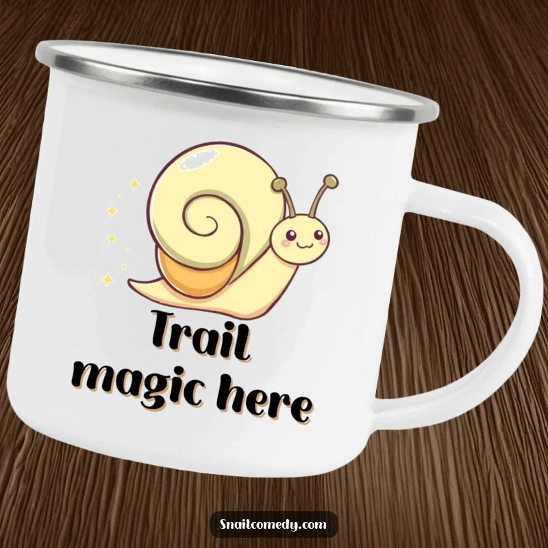 Funny Camping Mug featuring a gleeful snail character sliding with a happy, sparkly trail.