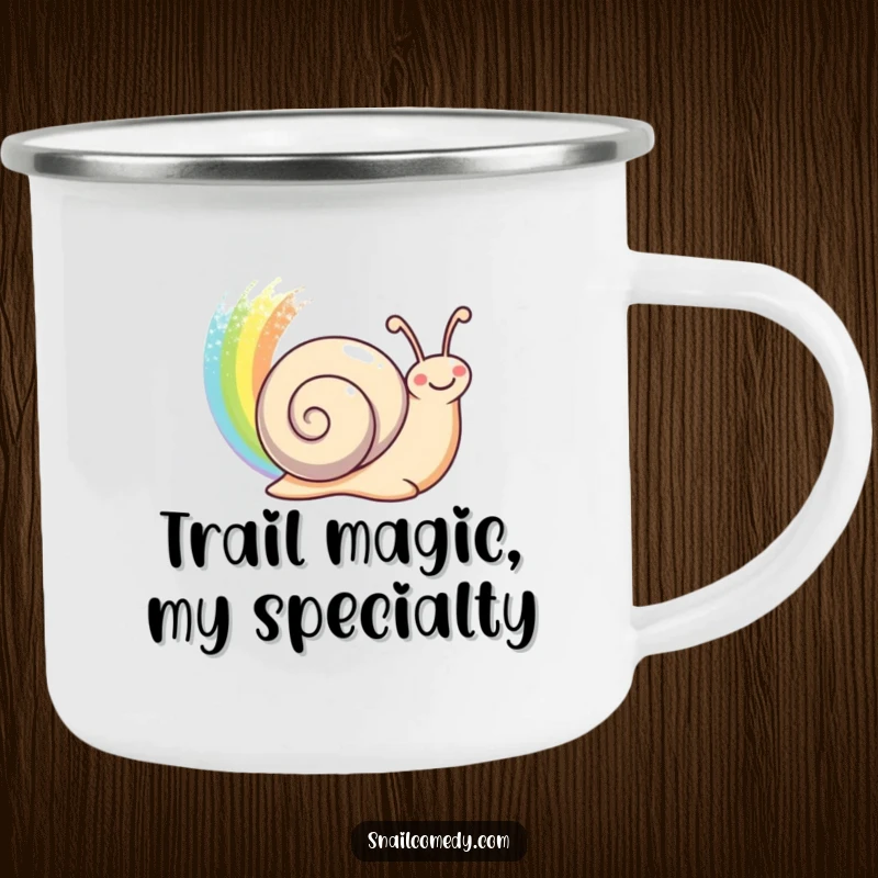 Funny happy snail leaving a shimmering rainbow trail behind on a rugged camping mug, a vibrant funny gift.