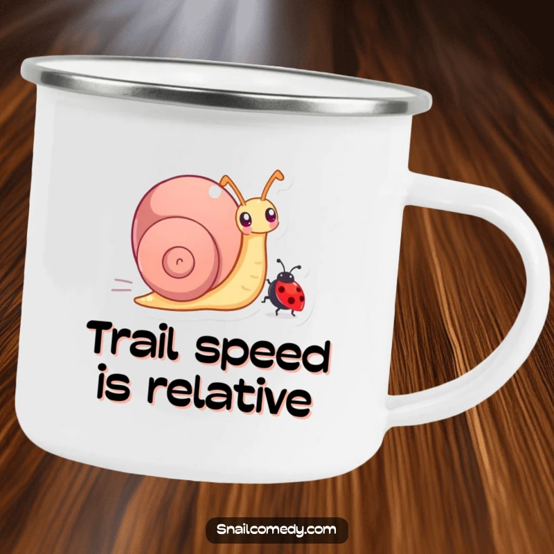 Funny camping mug of a snail character joyfully racing a tiny ladybug, for sipping on the go.