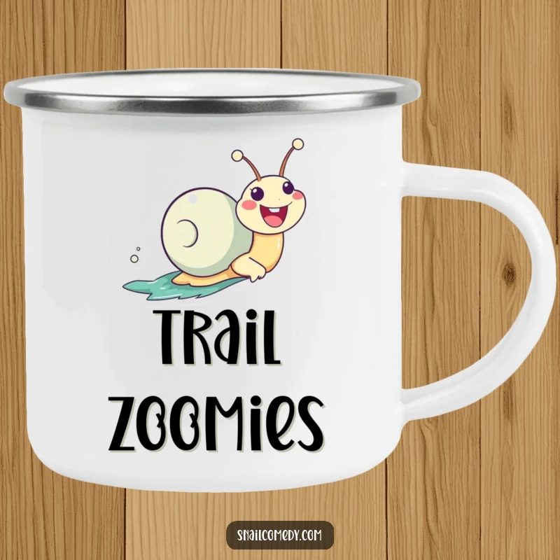 Funny Zooming Kawaii Snail Camping Mug, zooming enthusiastically with a huge smile, durable for outdoor fun and humorous enjoyment.