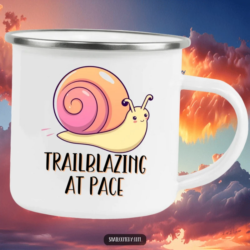 Funny kawaii snail camping mug, a snail with a rainbow shell zooming, perfect for outdoor journeys.