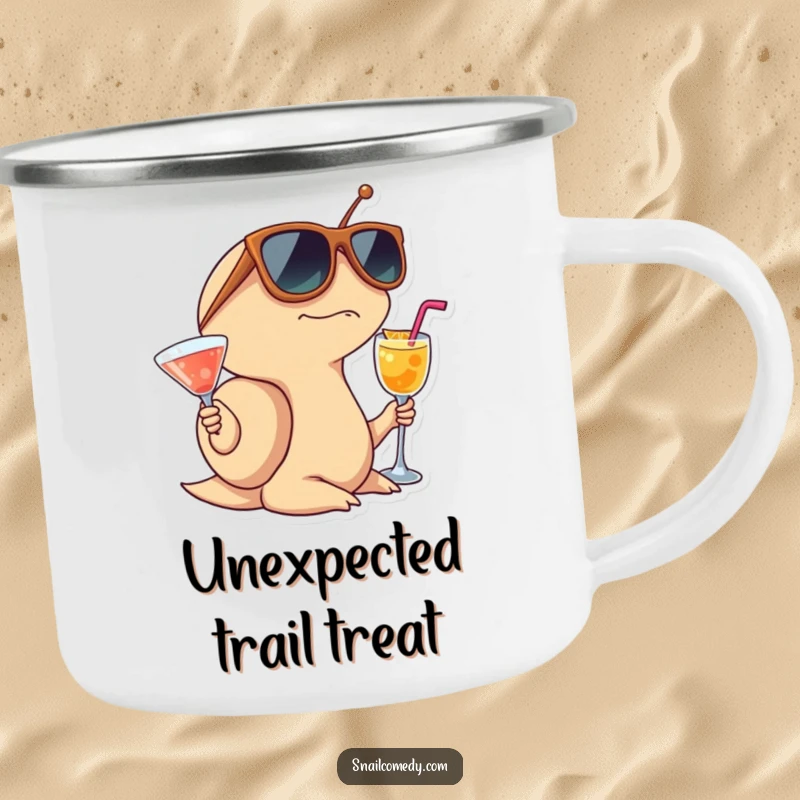 Funny Snail Camping Mug with a snail in oversized sunglasses holding a cocktail, perfect for outdoor beverages.