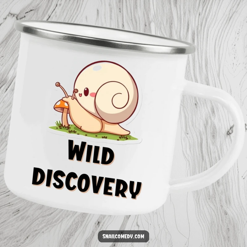 Funny snail camping mug, a snail character enthusiastically explores a tiny mushroom, perfect for outdoor enthusiasts.