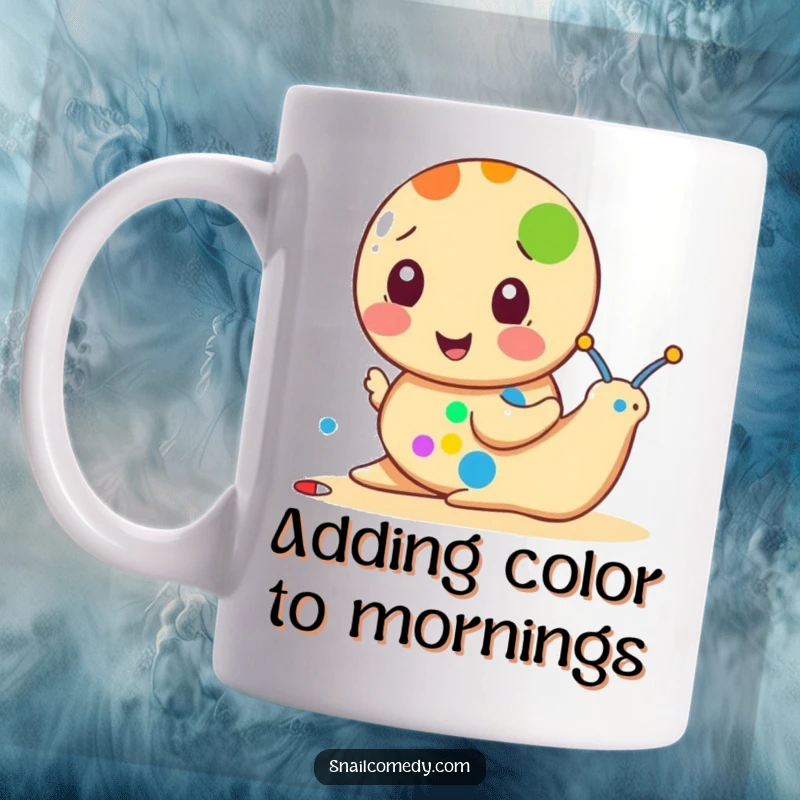 Funny snail mug featuring a snail artistically painting a single, vibrant colorful dot with enthusiasm, celebrating creativity.