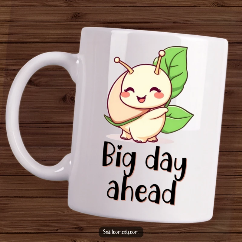 Funny snail mug, a snail character with a wide, happy smile carries a very large green leaf.