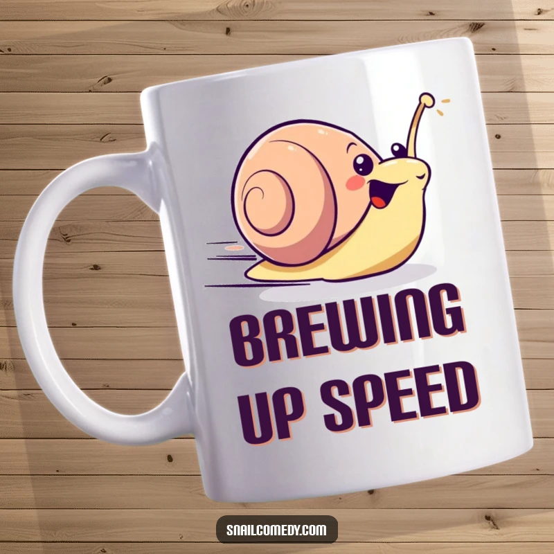 Excited kawaii snail zooming forward with surprising speed, looking determined and funny on a coffee mug.