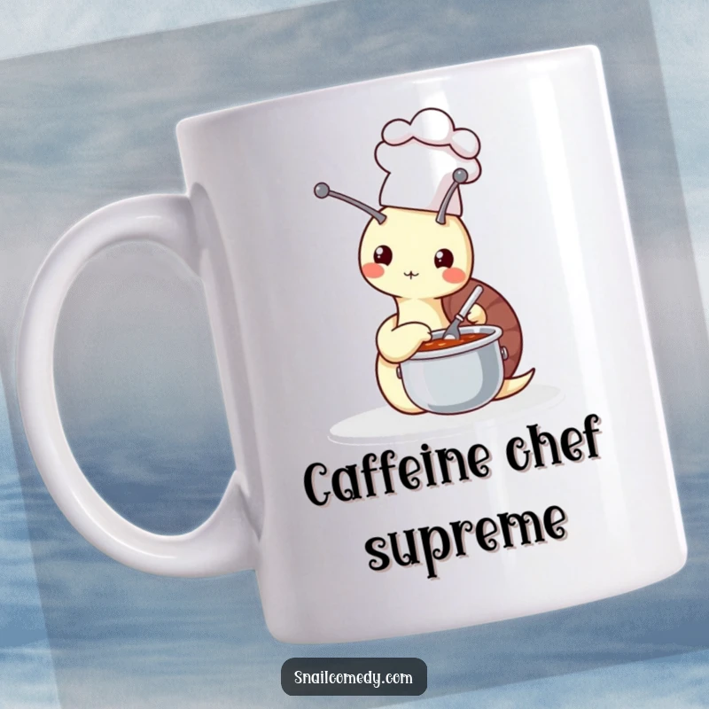 Funny snail wearing a chef hat, stirring a small soup pot, depicted on a mug, exuding culinary charm, a delightful funny gift.
