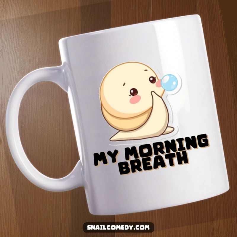 Funny mug featuring a baby snail character playfully blowing a tiny, translucent bubble from its mouth.