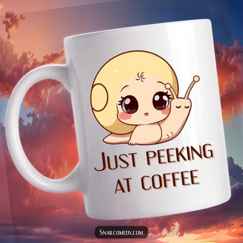 Funny snail mug with a wide-eyed, curious snail peeking playfully from its shell, conveying wonder and delight.