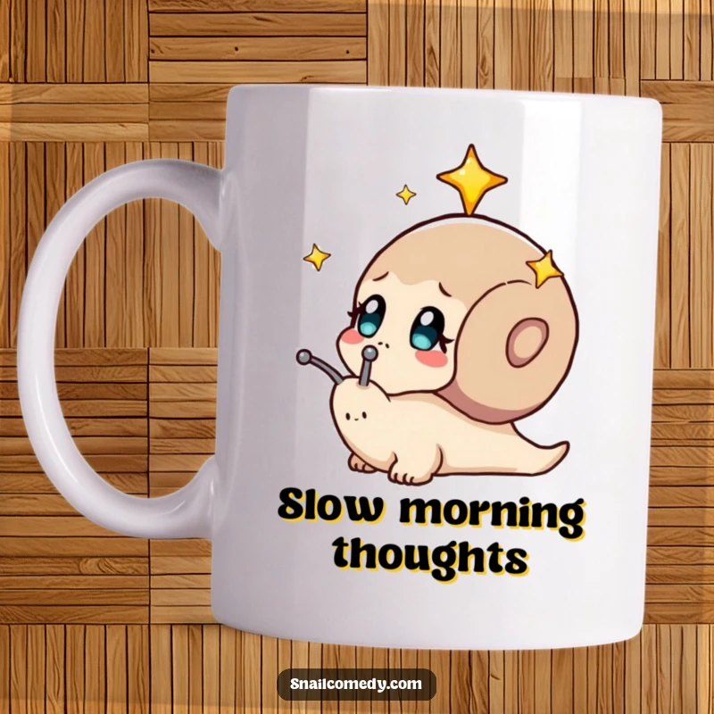 Funny mug featuring a cute snail with wide, curious eyes looking up at a starry night sky. A dreamy scene.