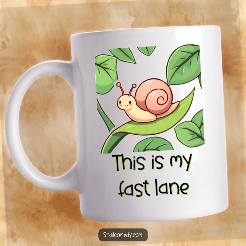 Funny snail character energetically sliding down a slippery leaf with pure delight, captured on a ceramic mug for a humorous touch.