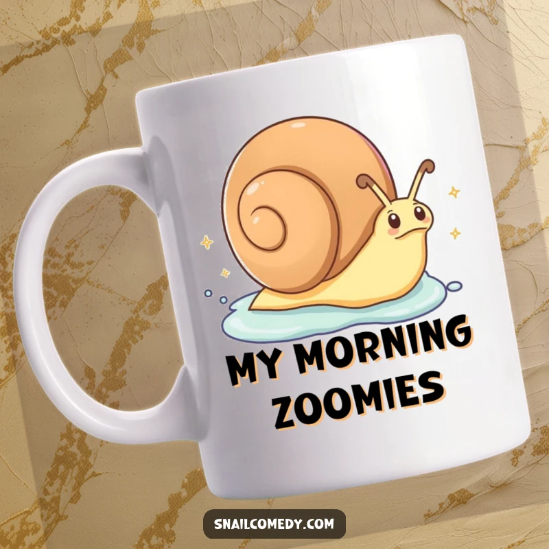 Funny Mug: An excited snail zips along, leaving a trail of sparkling slime, showcasing unexpected speed and a touch of magic.