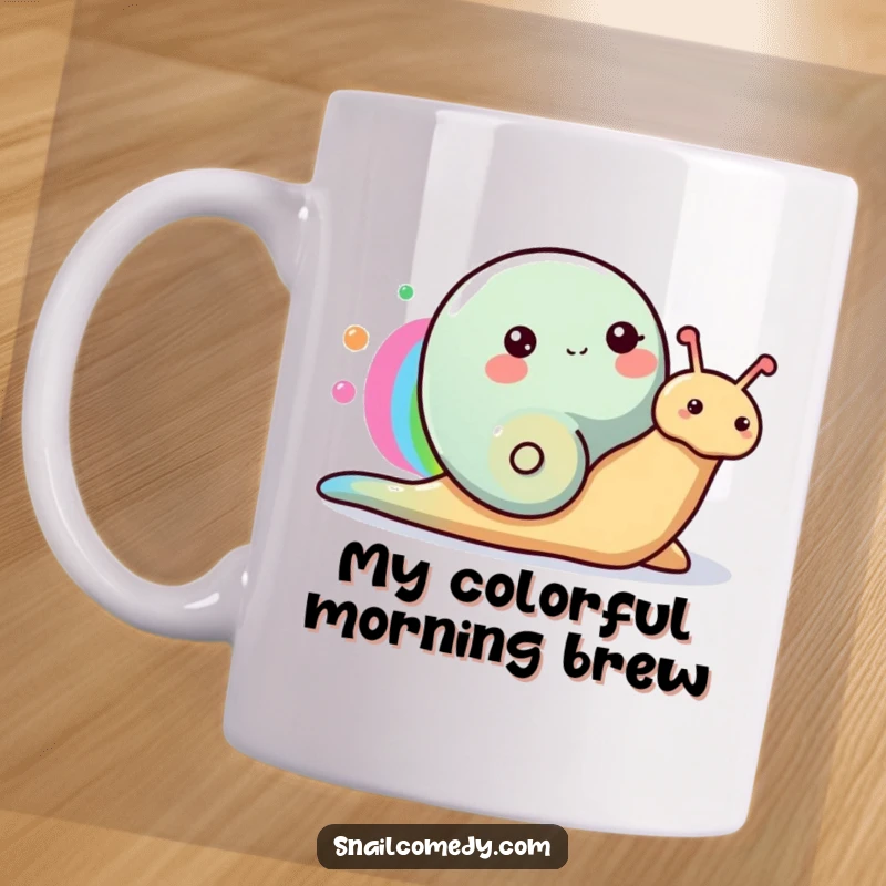 Funny Snail Mug featuring a happy snail painting a vibrant rainbow with its colorful slime trail.