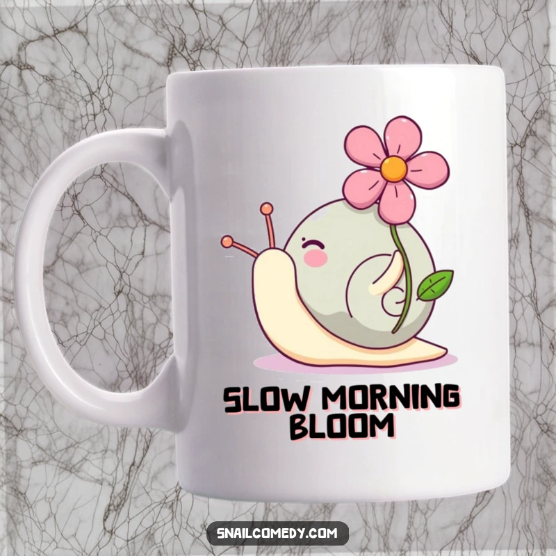 Funny Kawaii snail mug featuring a cute snail excitedly carrying a vibrant flower on its shell with immense pride and joy.