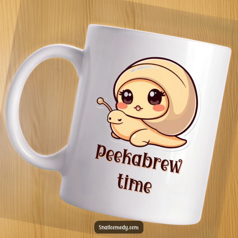 Funny Kawaii Snail Mug: Cute snail peeking from shell with wide curious eyes, ideal funny gift.