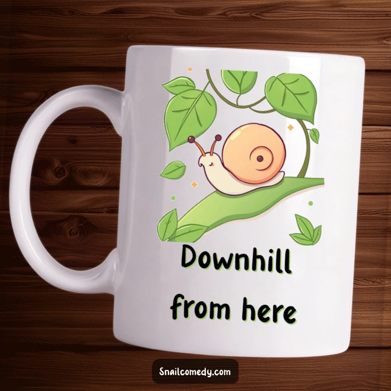 Funny kawaii snail mug, sliding down a green leafy slope with an expression of pure glee.